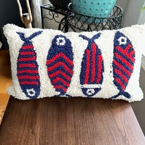 Wool Hook Coastal Pillow Fish are White Blue Beach House